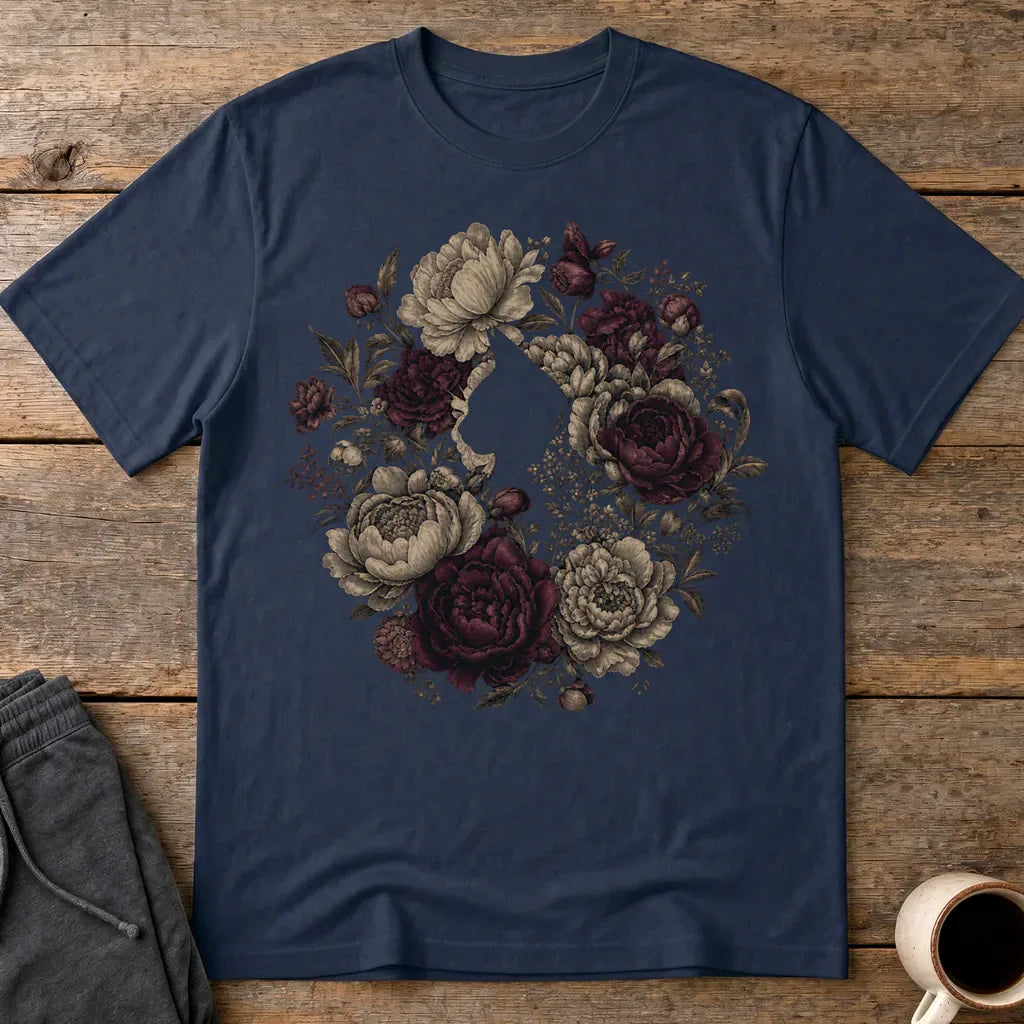 Feline Floral Wreath T-Shirt - Navy