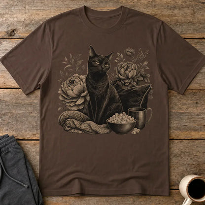 Moody Floral Cat T-Shirt - Dark Chocolate