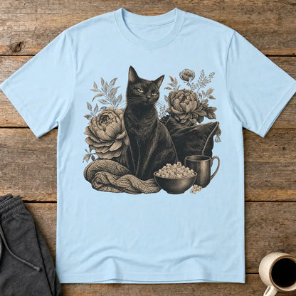 Moody Floral Cat T-Shirt - Light Blue