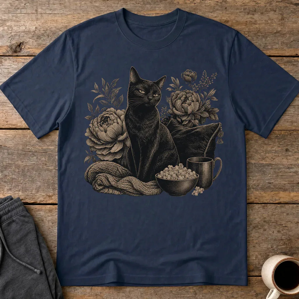 Moody Floral Cat T-Shirt - Navy