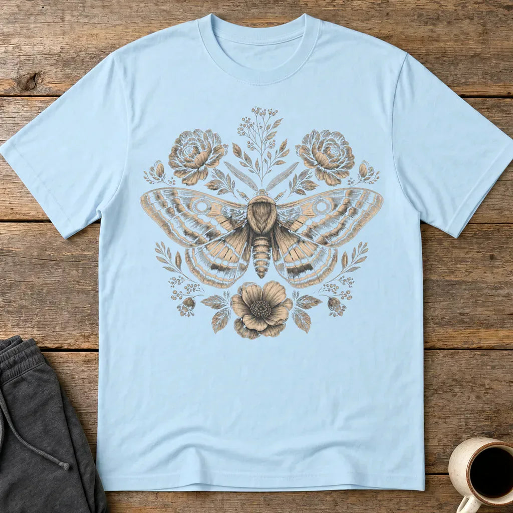 Vintage Botanical Moth T-Shirt - Light Blue