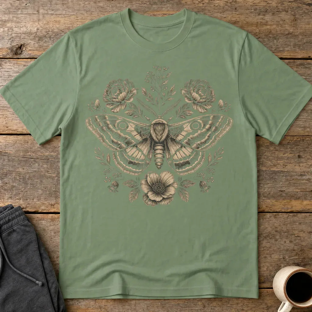 Vintage Botanical Moth T-Shirt - Military Green