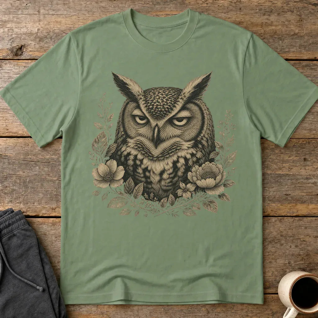 Unbothered Floral Owl T-Shirt - Military Green