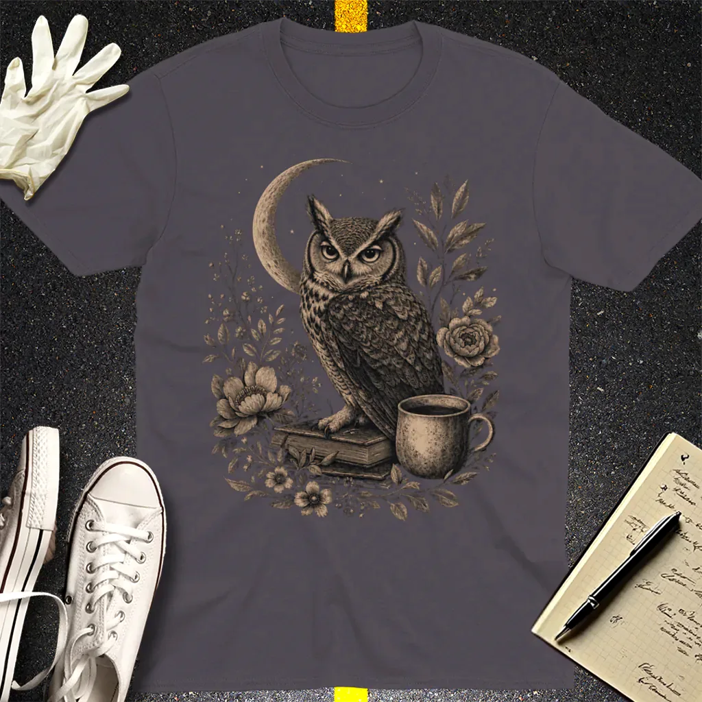 Midnight Owl & Moonlit Brew T-Shirt - Charcoal