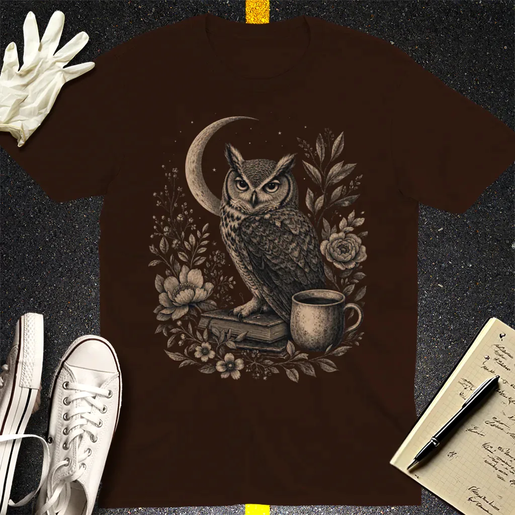 Midnight Owl & Moonlit Brew T-Shirt - Dark Chocolate