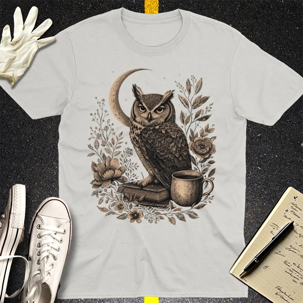 Midnight Owl & Moonlit Brew T-Shirt - Ice Grey