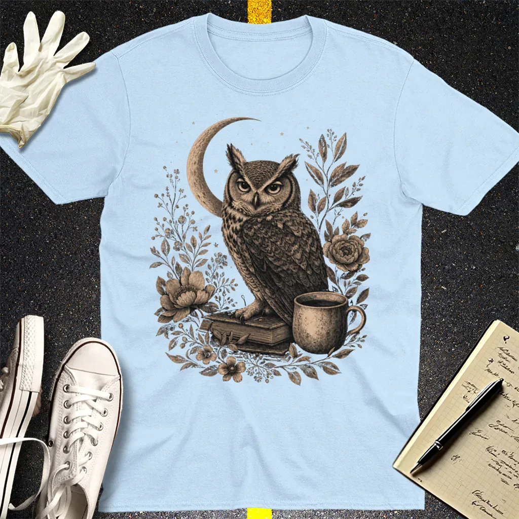 Midnight Owl & Moonlit Brew T-Shirt - Light Blue