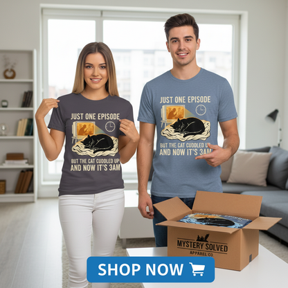 Late-Night Cat Cuddle Crime Binge T-Shirt_dual_lifestyle
