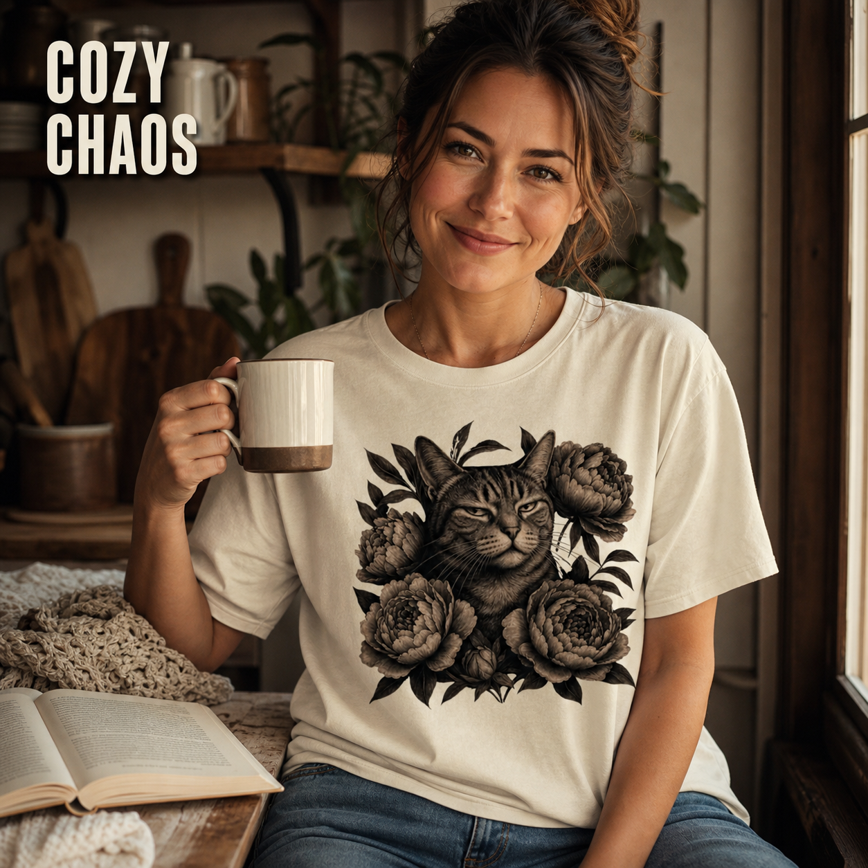 Judging Floral Cat T-Shirt_ls_indoor