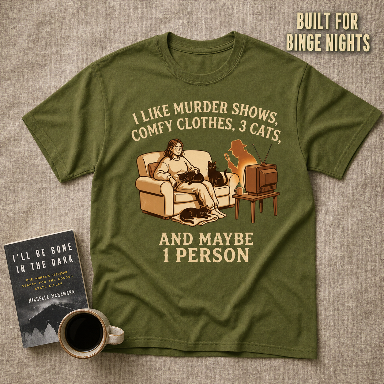Murder Shows, Cats & Cozy Vibes T-Shirt_min_flat