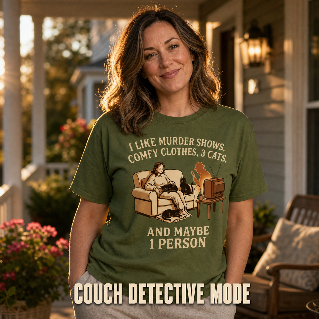 Murder Shows, Cats & Cozy Vibes T-Shirt_active_outdoor