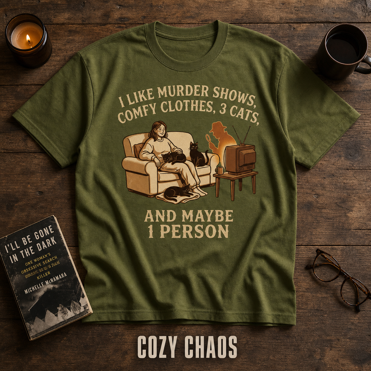 Murder Shows, Cats & Cozy Vibes T-Shirt_style_flat