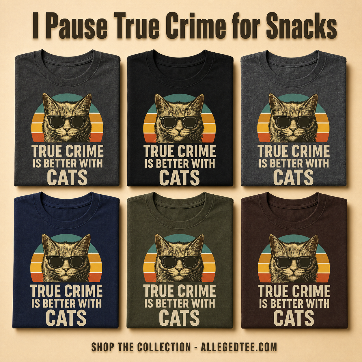 True Crime Cat Vibes T-Shirt_6color_grid