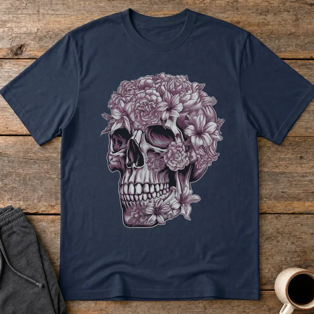 Floral Skull Bloom T-Shirt - Navy