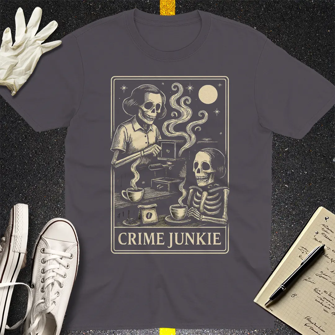 Crime Junkie Skeleton Café T-Shirt - Charcoal