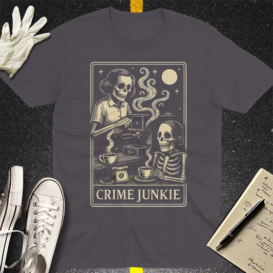Crime Junkie Skeleton Café T-Shirt - Charcoal