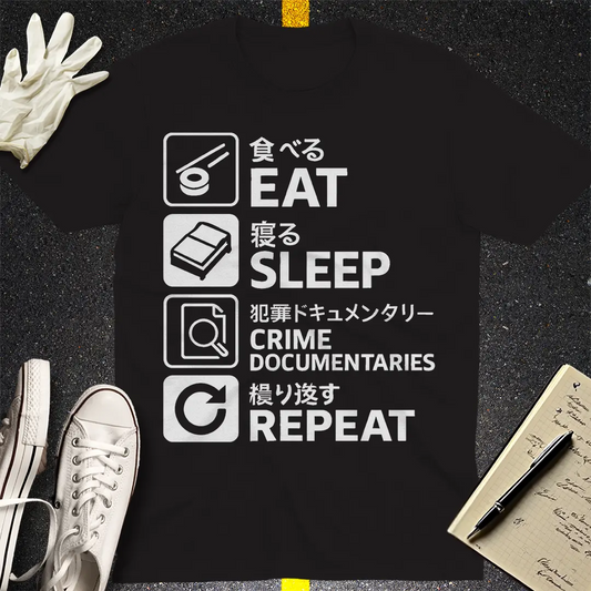 Eat Sleep Crime Documentaries Repeat T-Shirt - Black