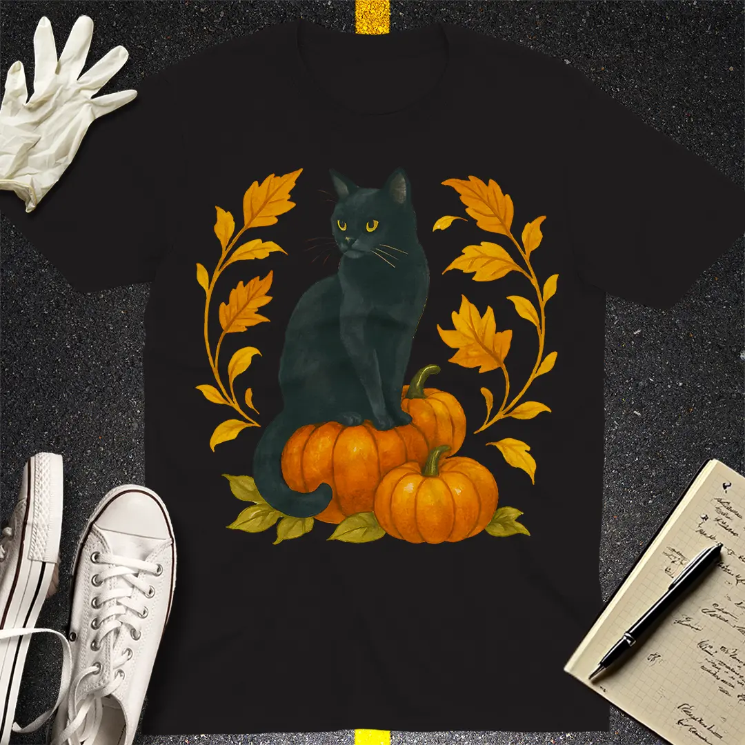 Autumn Witch Cat T-Shirt - Black