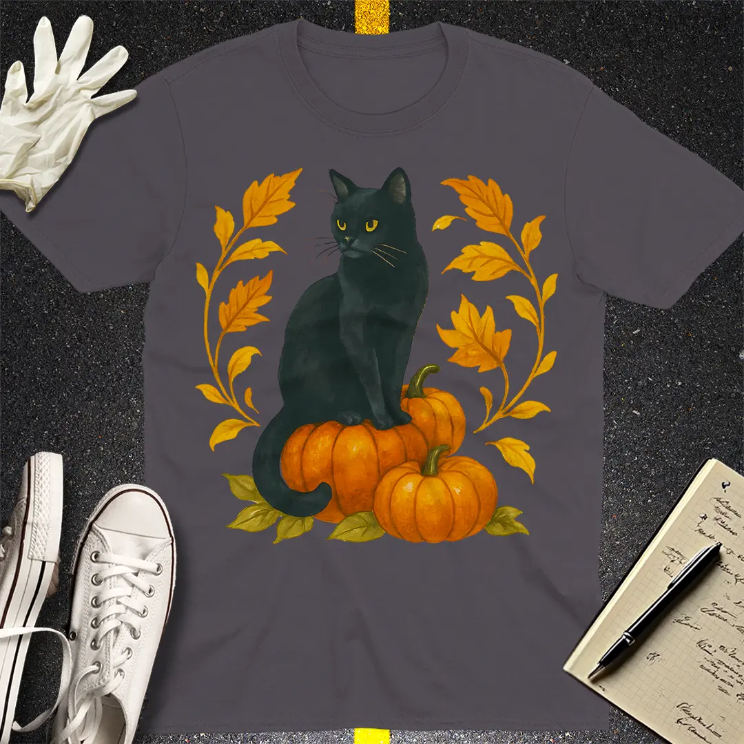Autumn Witch Cat T-Shirt - Charcoal
