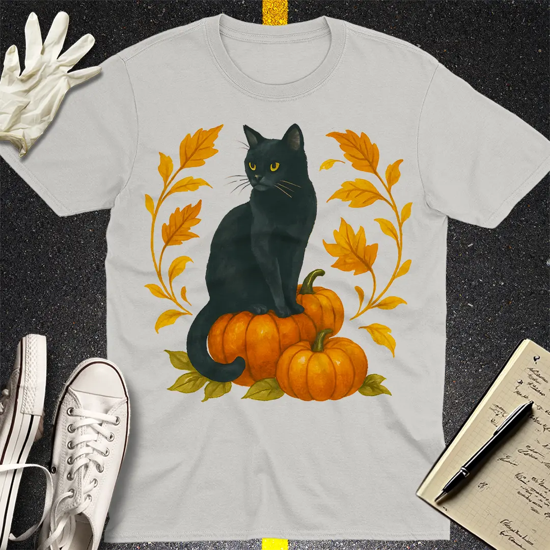 Autumn Witch Cat T-Shirt - Ice Grey