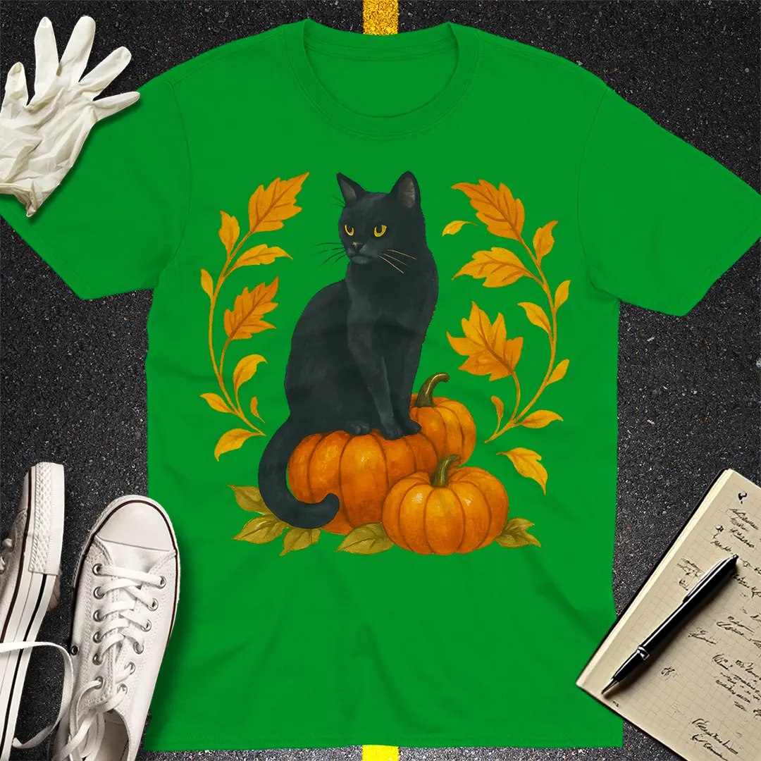 Autumn Witch Cat T-Shirt - Irish Green