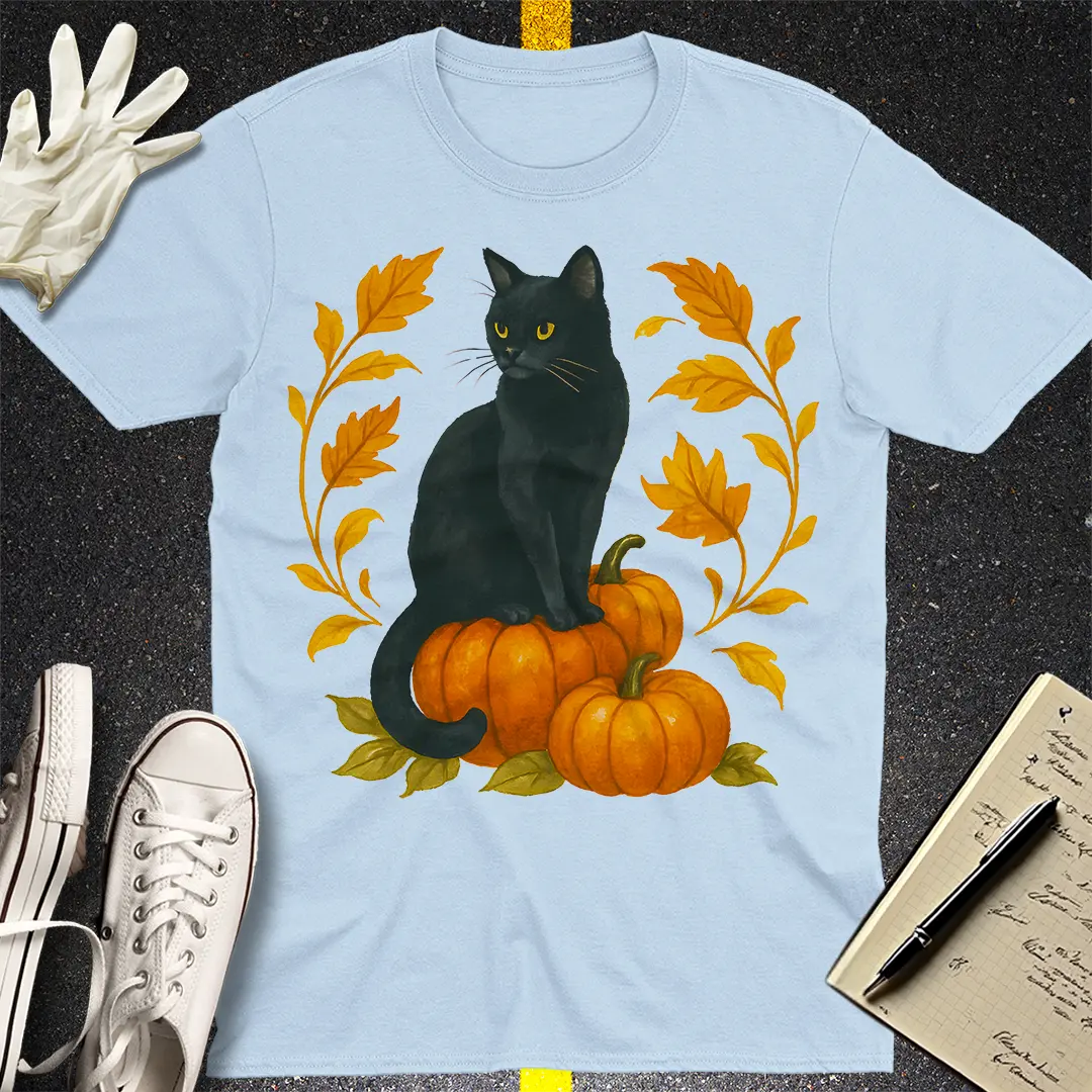 Autumn Witch Cat T-Shirt - Light Blue