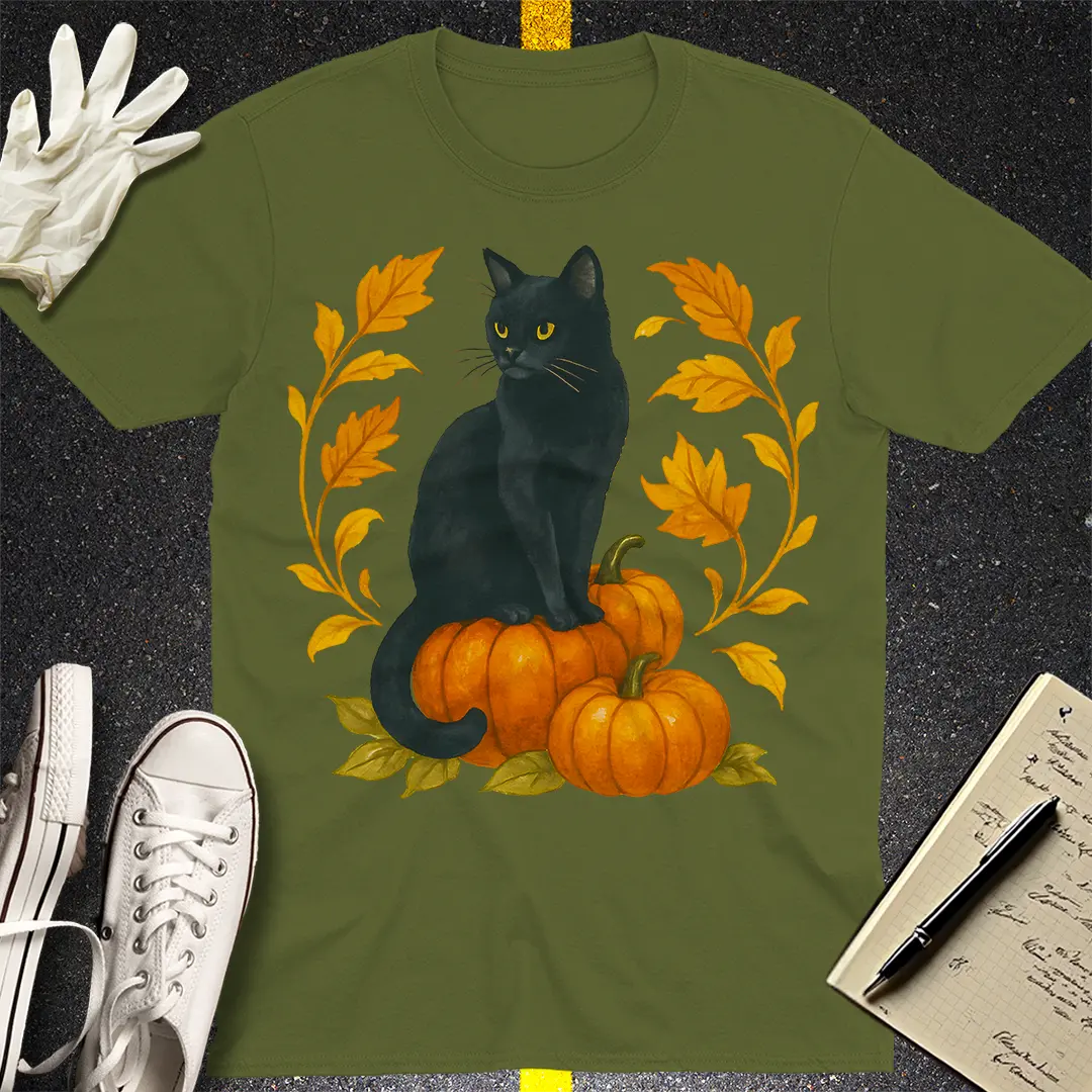 Autumn Witch Cat T-Shirt - Military Green
