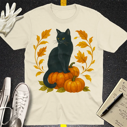 Autumn Witch Cat T-Shirt - Natural