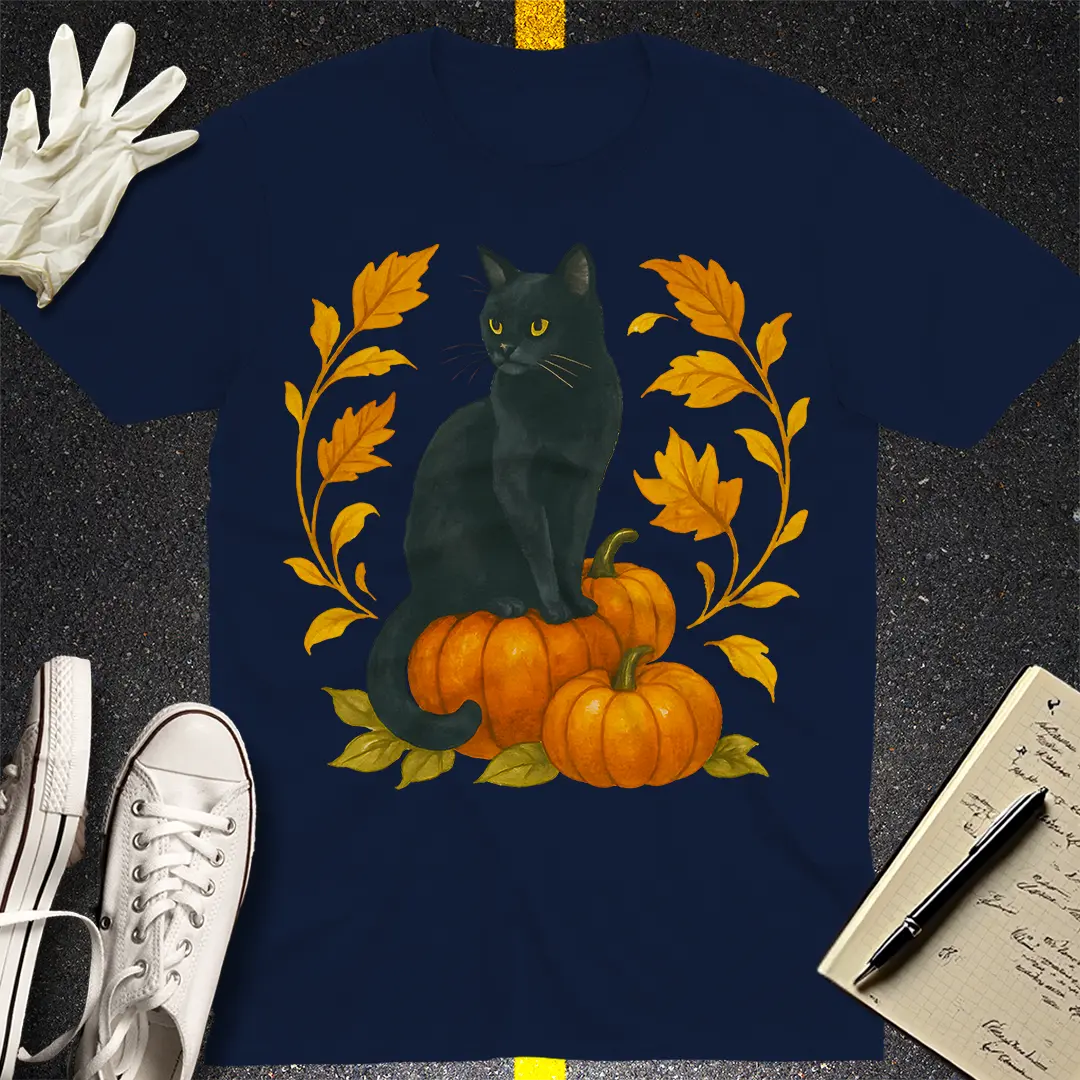 Autumn Witch Cat T-Shirt - Navy