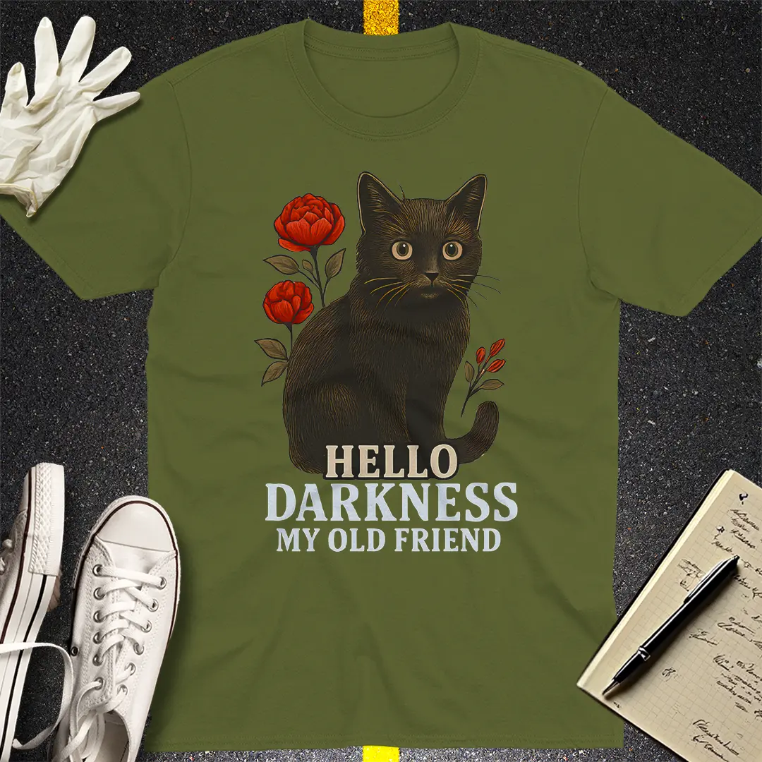 Hello Darkness Cat T-Shirt - Military Green