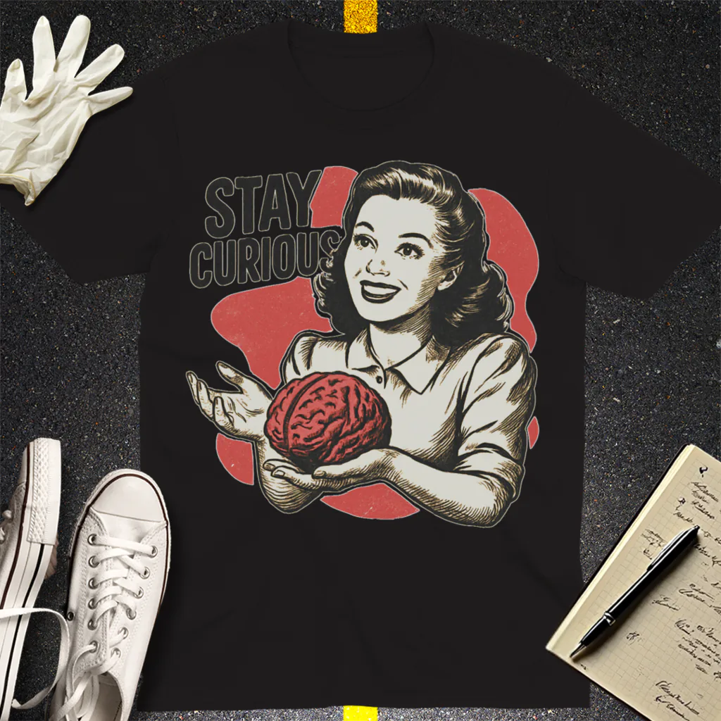 Stay Curious Retro Brain T-Shirt - Black