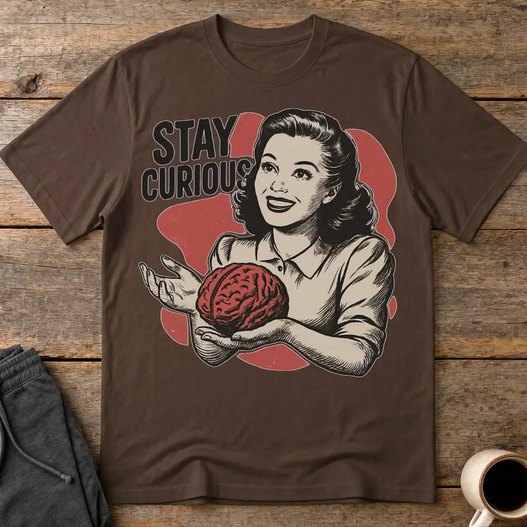 Stay Curious Retro Brain T-Shirt - Dark Chocolate