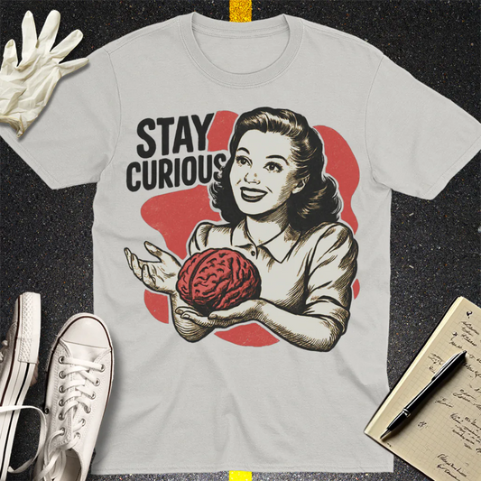 Stay Curious Retro Brain T-Shirt - Ice Grey