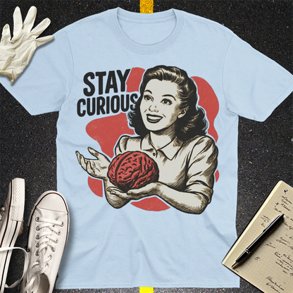 Stay Curious Retro Brain T-Shirt - Light Blue