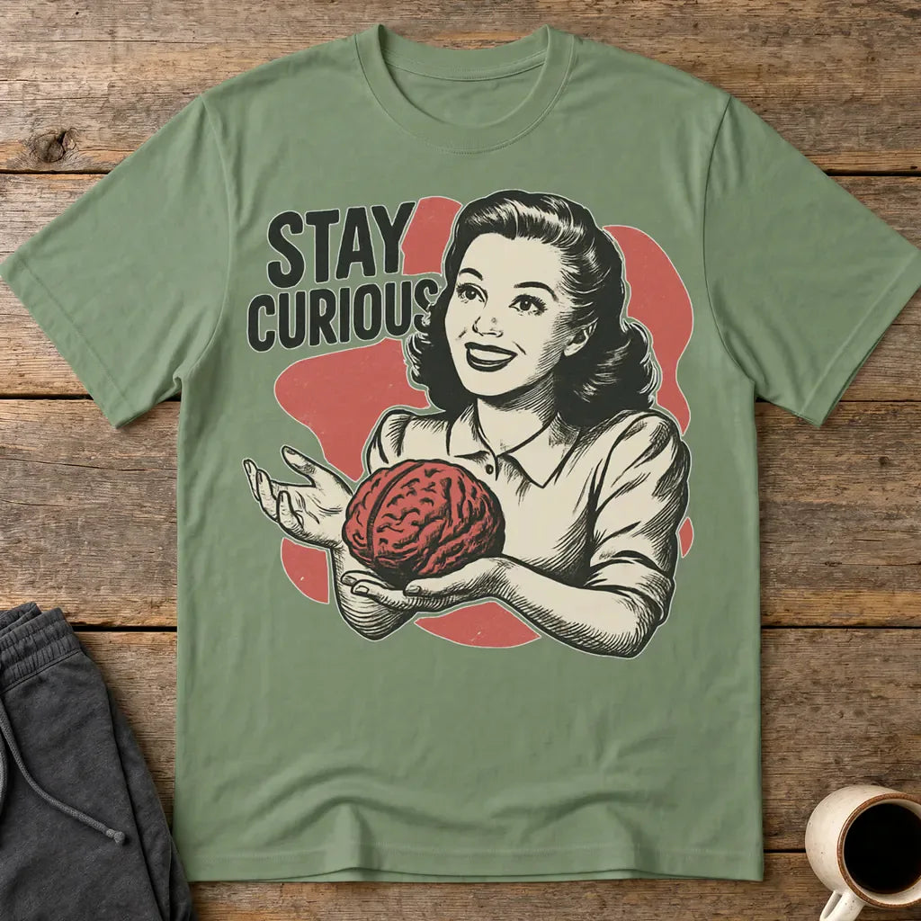 Stay Curious Retro Brain T-Shirt - Military Green