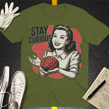 Stay Curious Retro Brain T-Shirt - Military Green