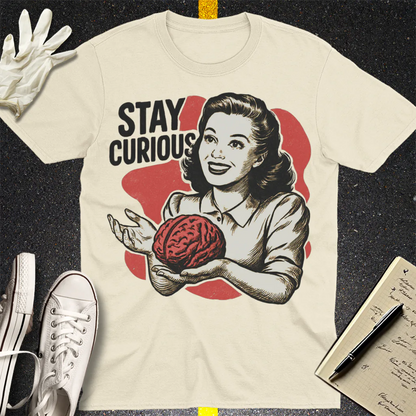 Stay Curious Retro Brain T-Shirt - Natural