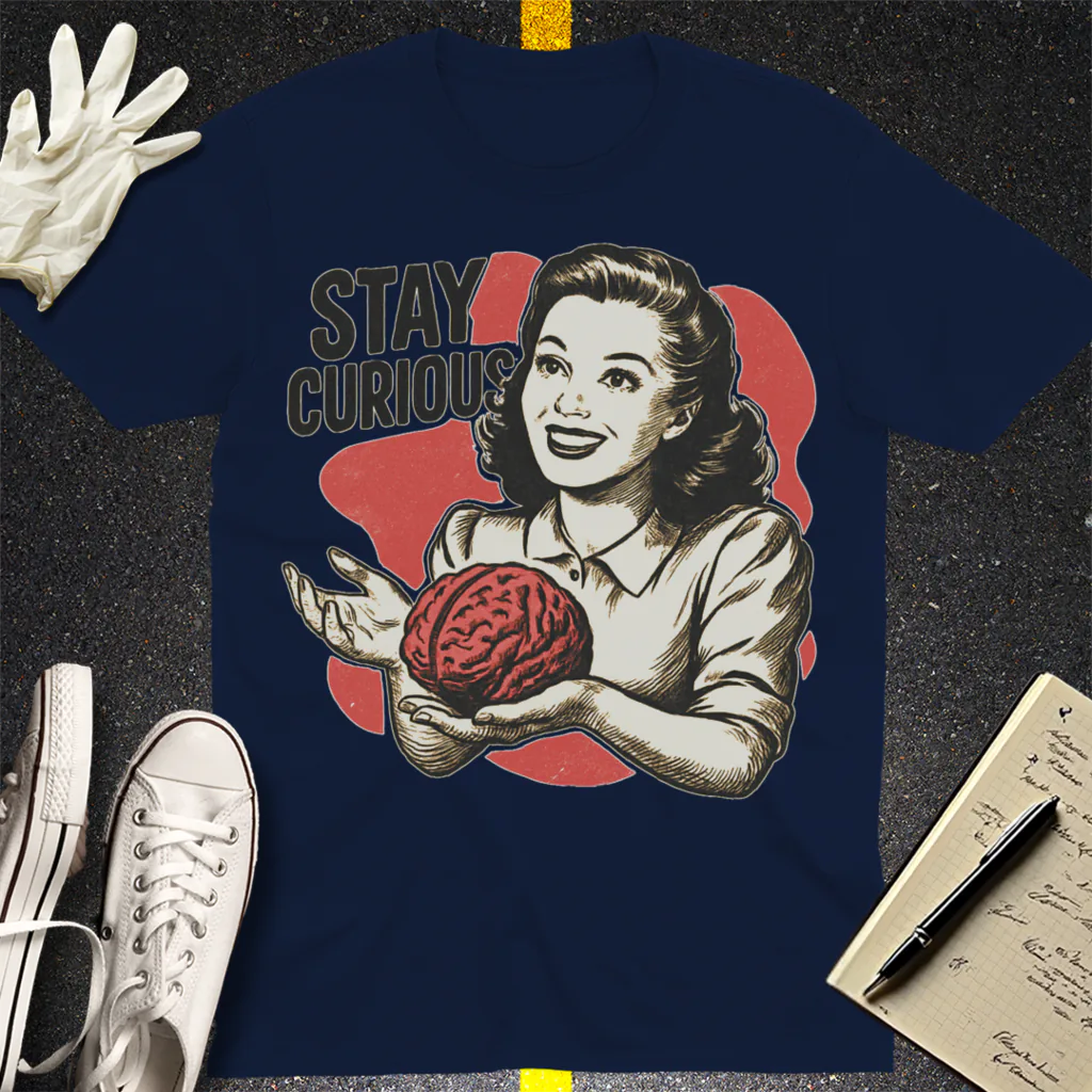 Stay Curious Retro Brain T-Shirt - Navy