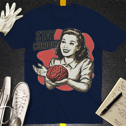 Stay Curious Retro Brain T-Shirt - Navy