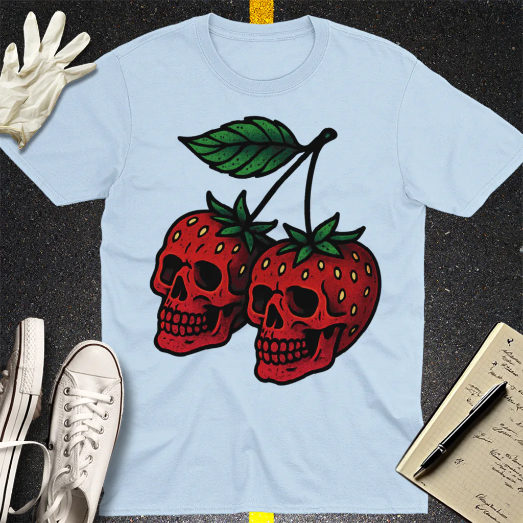 Strawberry Skulls T-Shirt - Light Blue