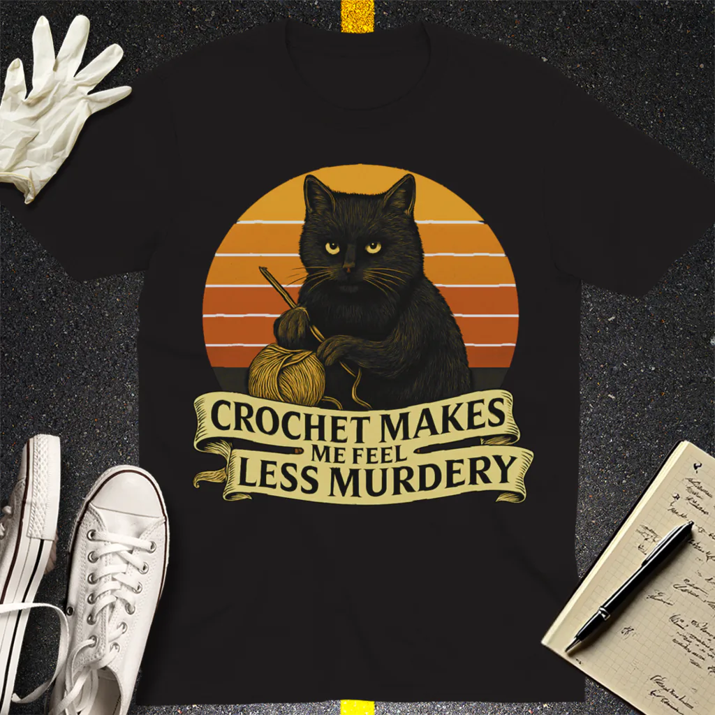 Less Murdery Crochet Cat T-Shirt - Black