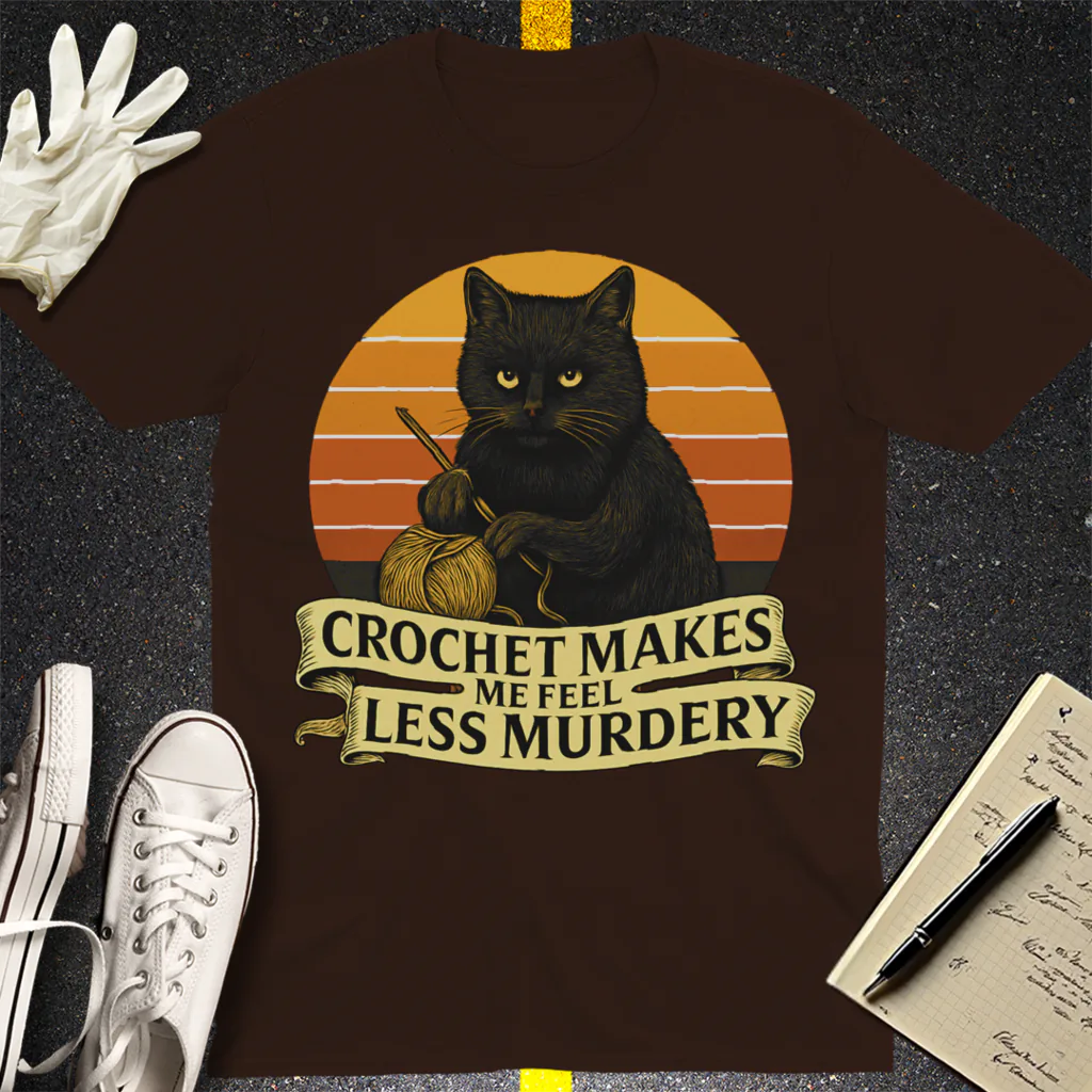 Less Murdery Crochet Cat T-Shirt - Dark Chocolate