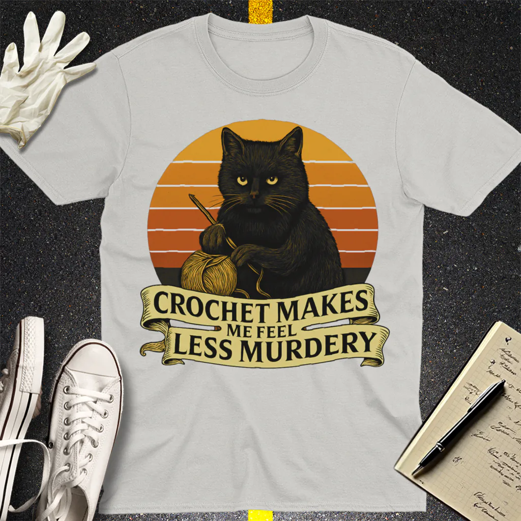 Less Murdery Crochet Cat T-Shirt - Ice Grey