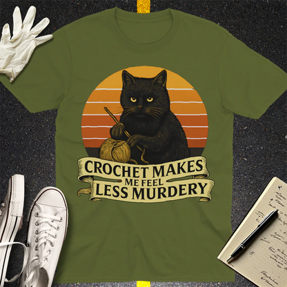 Less Murdery Crochet Cat T-Shirt - Military Green