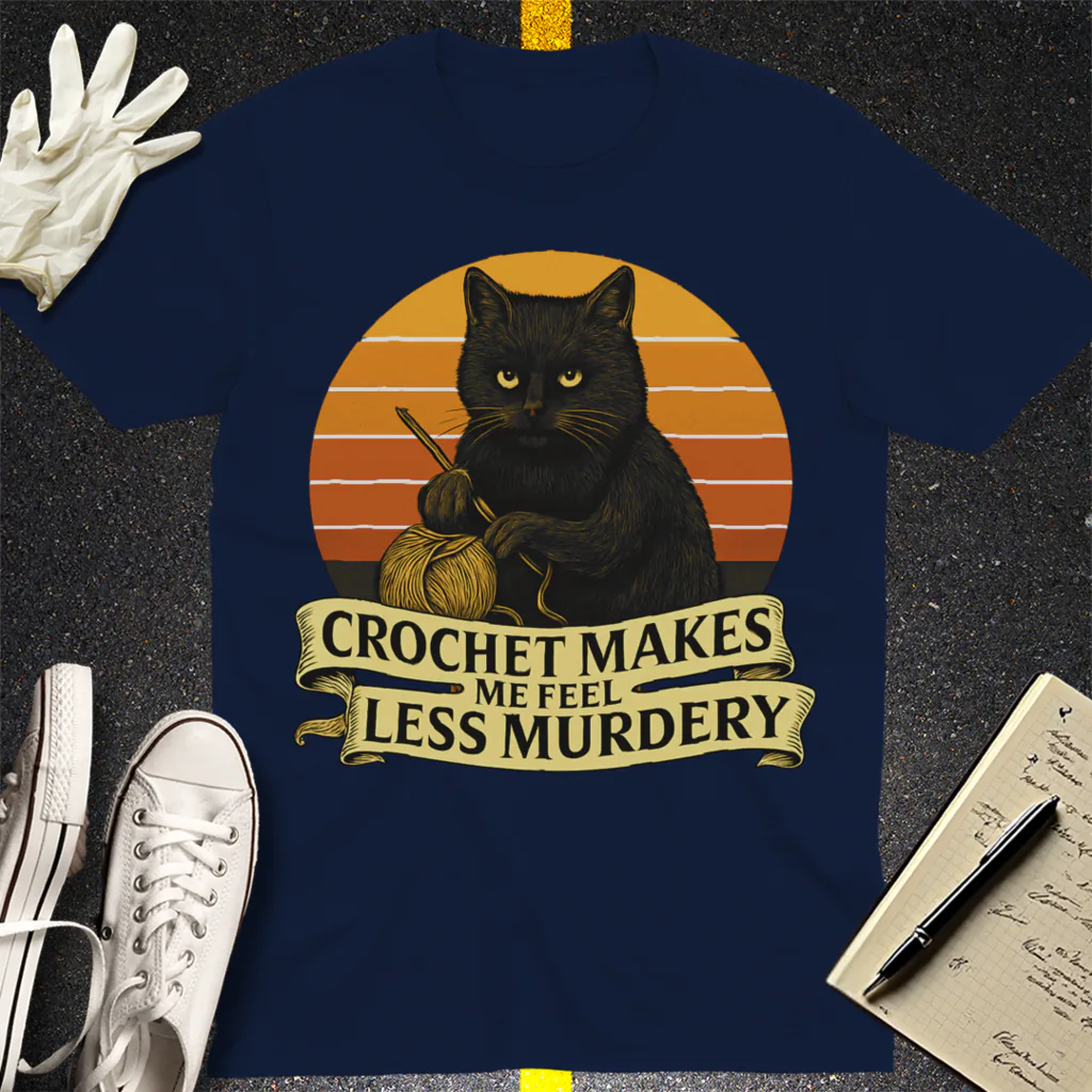 Less Murdery Crochet Cat T-Shirt - Navy