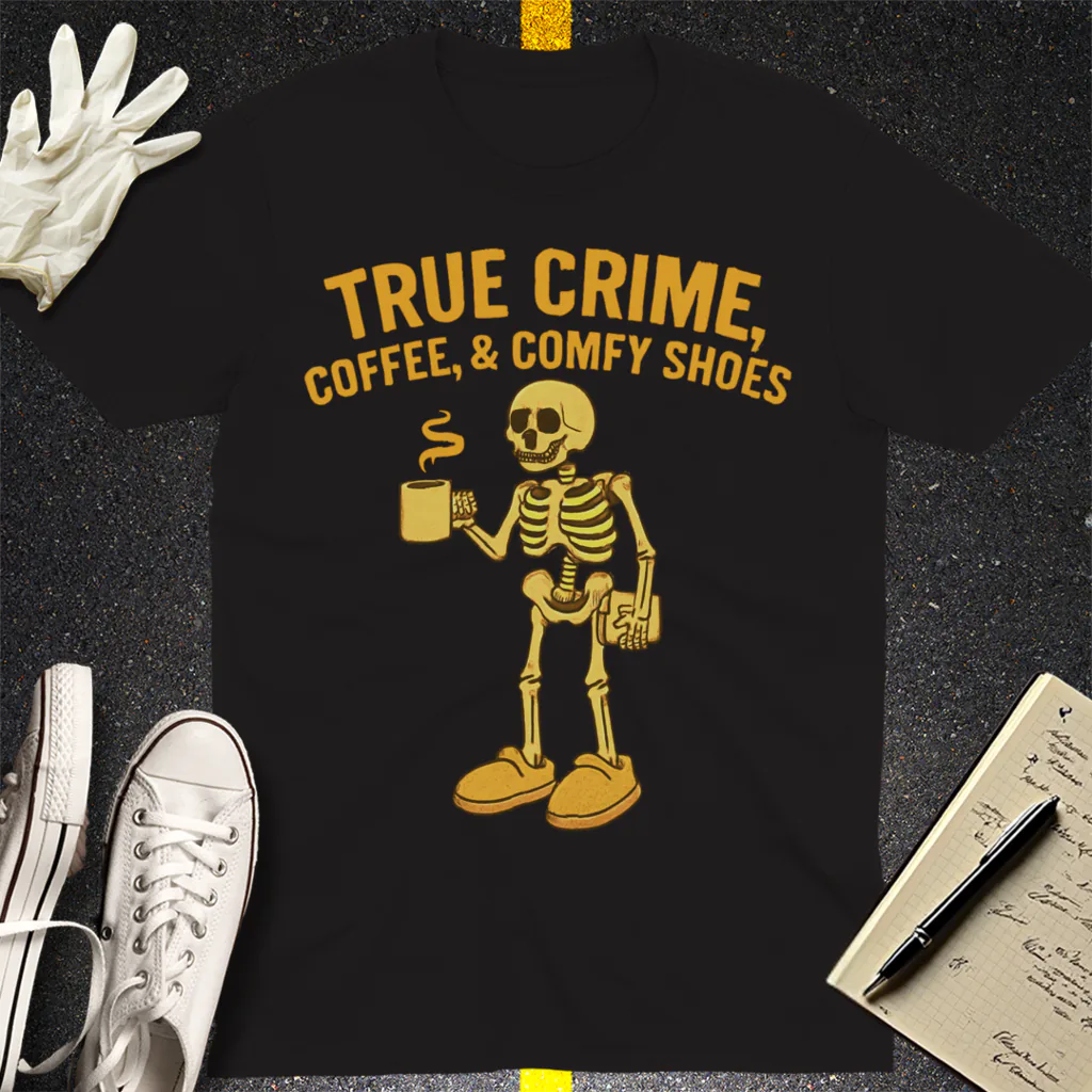 True Crime & Coffee Skeleton T-Shirt - Black