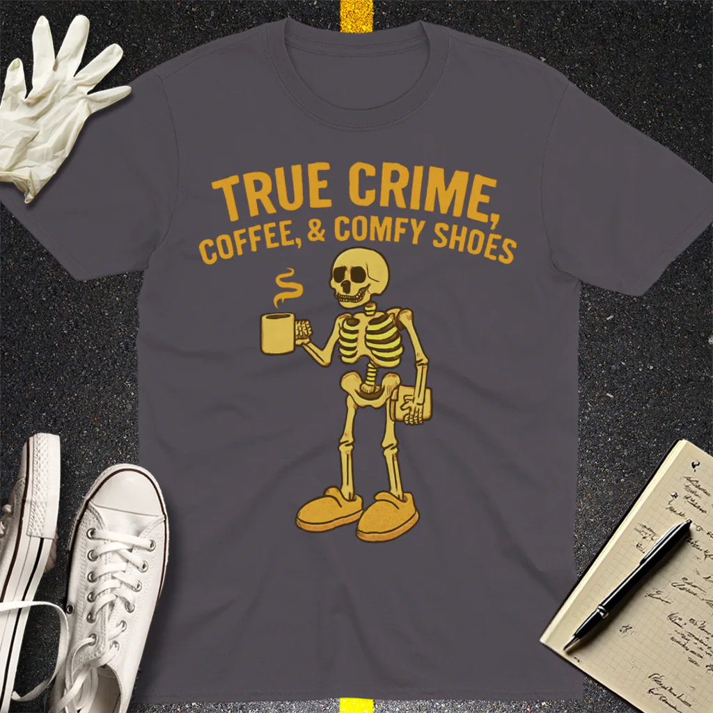 True Crime & Coffee Skeleton T-Shirt - Charcoal