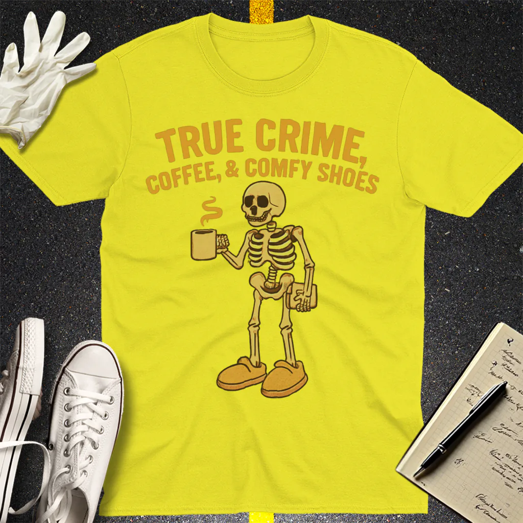 True Crime & Coffee Skeleton T-Shirt - Cornsilk