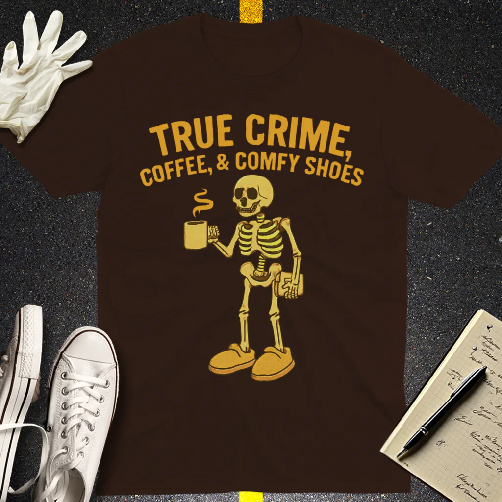 True Crime & Coffee Skeleton T-Shirt - Dark Chocolate