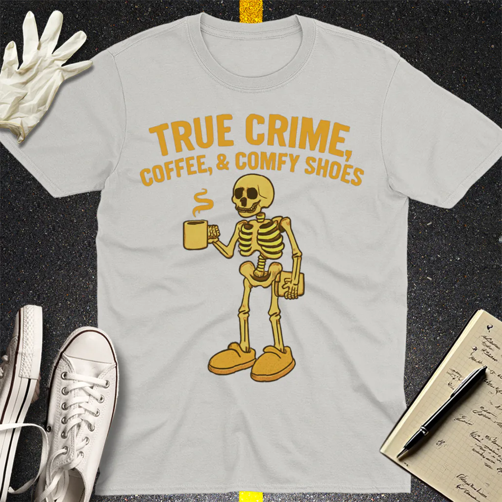 True Crime & Coffee Skeleton T-Shirt - Ice Grey